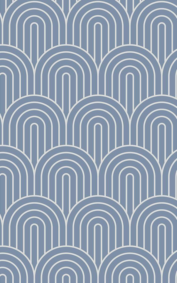 a blue and white wallpaper with an abstract design in the shape of wavy lines