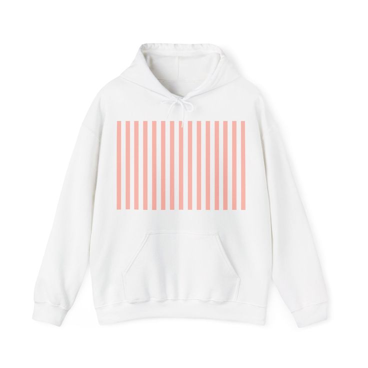 This Coral Pink Stripes Hoodie offers a classic and chic look with its pink and white vertical stripes. The soft colors and cute design make it perfect for any girly outfit. Stay pretty and stylish with this cozy hooded sweatshirt. Stay comfy and cozy with this unisex heavy blend hooded sweatshirt. Made with a thick blend of cotton and polyester, it feels plush, soft and warm, a perfect choice for any cold day. In the front, the spacious kangaroo pocket adds daily practicality while the hood's d White Cotton Sweatshirt With Contrast Stripes, White Long Sleeve Hoodie With Three Stripes, Spring Striped Sweatshirt With Contrast Stripes, White Spring Sweatshirt With Contrast Stripes, White Contrast Stripes Sweatshirt For Spring, White Casual Hoodie With Three Stripes, Spring White Sweatshirt With Contrast Stripes, Striped Cotton Hooded Sweatshirt, White Contrast Stripe Sweatshirt For Streetwear