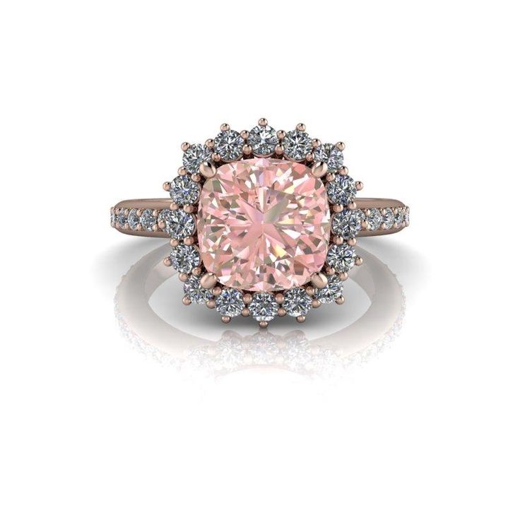 4.01 CTW Pink Sapphire & Diamond Halo Engagement Ring-Bel Viaggio Designs Gia Certified Rose Gold Cubic Zirconia Rings, Gia Certified Rose Gold Diamond Jewelry, Gia Certified Rose Gold Diamond Ring, Luxury Pink Diamond Ring With Halo Design, Luxury Pink Halo Diamond Ring, Luxury Cushion Cut Morganite Jewelry, Luxury Morganite Cushion Cut Jewelry, Gia Certified Rose Gold Round Cut Diamond Ring, Gia Certified Rose Gold Wedding Diamond Ring