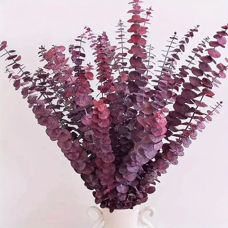 a white vase filled with purple flowers on top of a table