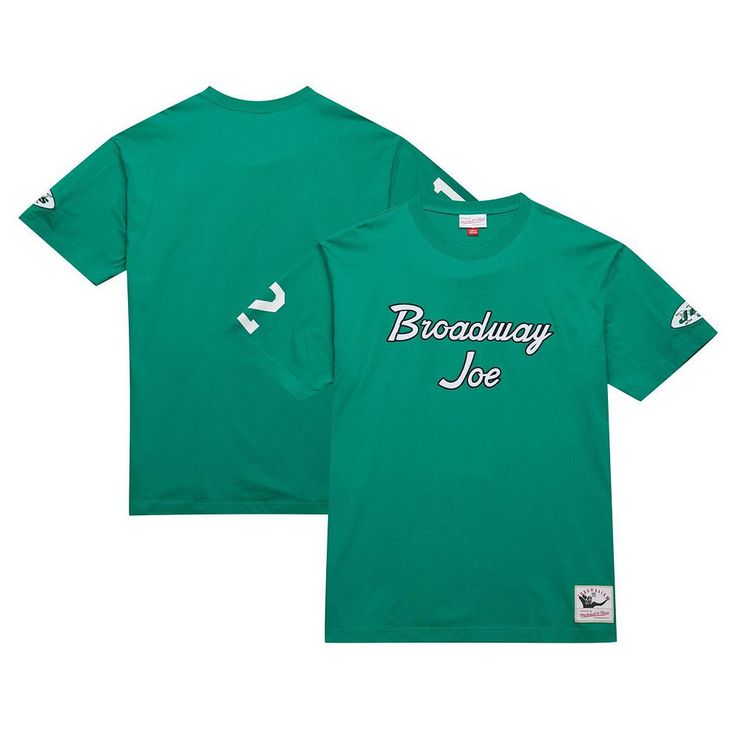 Celebrate a New York Jets icon with this Joe Namath Retired Player Nickname T-Shirt from Mitchell & Ness. Woven jock tag detailing adds a vintage touch, while the cotton construction provides a classic fit and feel. This tee is a must-have for any Jets fan looking to celebrate the legacy of Broadway Joe and the history of their favorite NFL team.Celebrate a New York Jets icon with this Joe Namath Retired Player Nickname T-Shirt from Mitchell & Ness. Woven jock tag detailing adds a vintage touch, Throwback Crew Neck Fan Merchandise Tops, Throwback Relaxed Fit Crew Neck T-shirt, Throwback Cotton Fan Merchandise Tops, Throwback Cotton Tops For Fan Merchandise, Throwback Cotton Tops For Sports Events, Throwback College Tops With Logo Print, Throwback Relaxed Fit T-shirt For Fan Merchandise, Throwback Relaxed Fit T-shirt For Fans, Green Crew Neck Retro Top