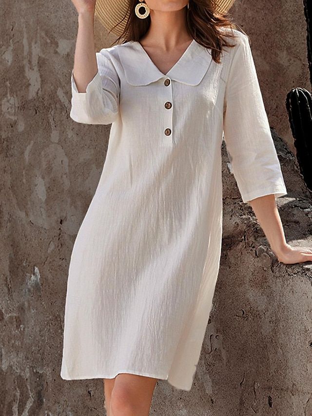 Women's Casual Dress Cotton Linen Dress Mini Dress Basic Basic Daily Vacation Shirt Collar 3/4 Length Sleeve Summer Spring White Plain 2024 - $31.99 Patterns For Dresses For Women, Linen Cotton Dress, Woman Dresses Casual, Women's Fashion Dresses Casual Simple, T-shirt Dress, Modest Dresses Casual Classy, White Women Outfits, White Dress Designs, Linen Dress Design