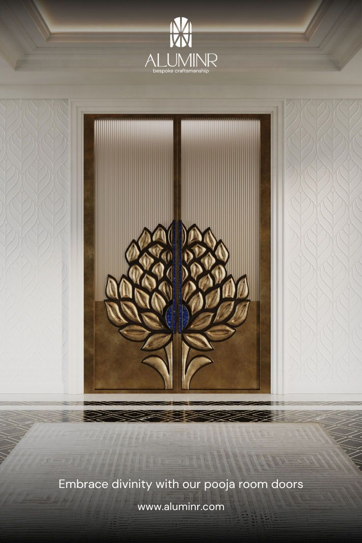 the entrance door to an apartment with decorative art work on it's glass panels