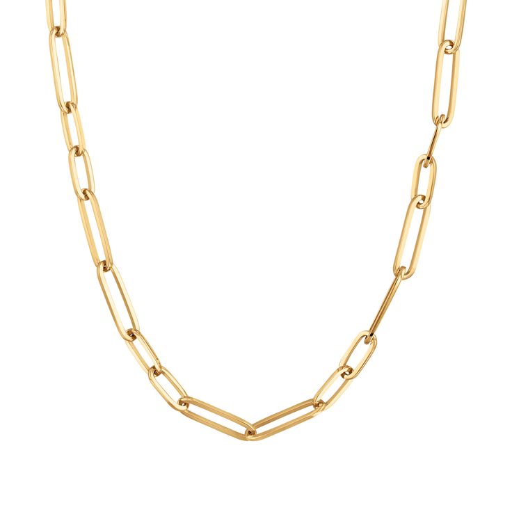 Beautifully crafted in 18k yellow gold, this Designer Gold collection necklace from Roberto Coin will add just the right hint of chic to any ensemble. This oval paperclip link chain measures 18 inches in length and has a lobster clasp closure. Roberto Coin signs each one of his pieces with a small ruby casted inside the piece, in direct contact with the skin of the one who wears it. This magical signature, surrounded by an antique halo of legend, represents the message of good wishes that Robert Yellow Gold Paperclip Chain Necklace With Solid Link, Yellow Gold Paperclip Chain Necklace With Oval Links, Yellow Gold Oval Link Chain Necklace With Paperclip Chain, Luxury Yellow Gold Paperclip Chain Necklace, Modern Yellow Gold Cable Chain Necklace, Classic Yellow Gold Paperclip Chain Necklace, Timeless Paperclip Chain Necklace With Oval Links, Modern Yellow Gold Oval Link Chain Necklace, Timeless Paperclip Cable Chain Necklace