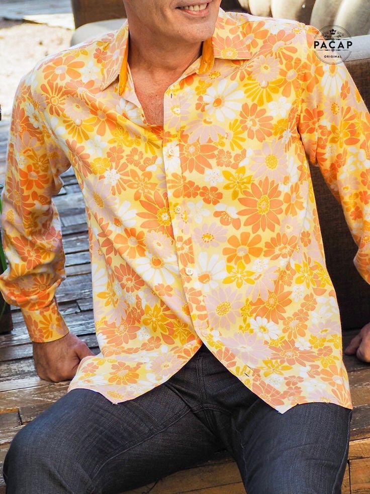 Floral shirt, men's shirt, flowing shirt, floral shirt, hawai print shirt, casual summer shirt, orange shirt, long-sleeved shirt, viscose shirt, rayon shirt. This season, we're having fun with colourful floral prints. The new viscose collection brings together a selection of yellow shirts, each as vibrant as the next. Sunshine yellow, Ricard yellow or sunflower yellow, we all need a little yellow in our wardrobe and outfit. Our yellow shirt printed with multicoloured, masculine flowers is the pe Spring Collared Shirt With Hibiscus Print, Spring Hibiscus Print Collared Shirt, Summer Long Sleeve Printed Shirt, Spring Button-up Shirt With Hibiscus Print, Spring Hibiscus Print Button-up Shirt, Orange Collared Tops For Summer, Spring Hibiscus Print Shirt With Camp Collar, Spring Hibiscus Print Relaxed Fit Shirt, Casual Retro Print Shirt For Spring