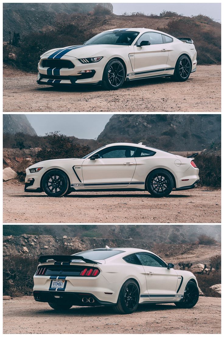 two different views of a white mustang in the desert