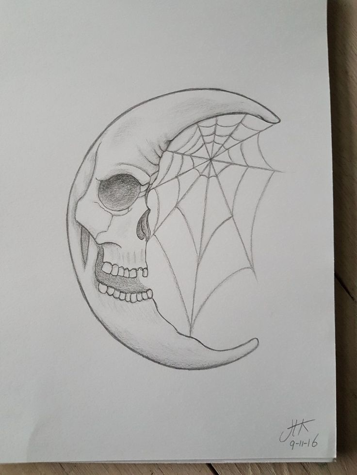 a drawing of a skull with a spider web on it's face and the moon behind it