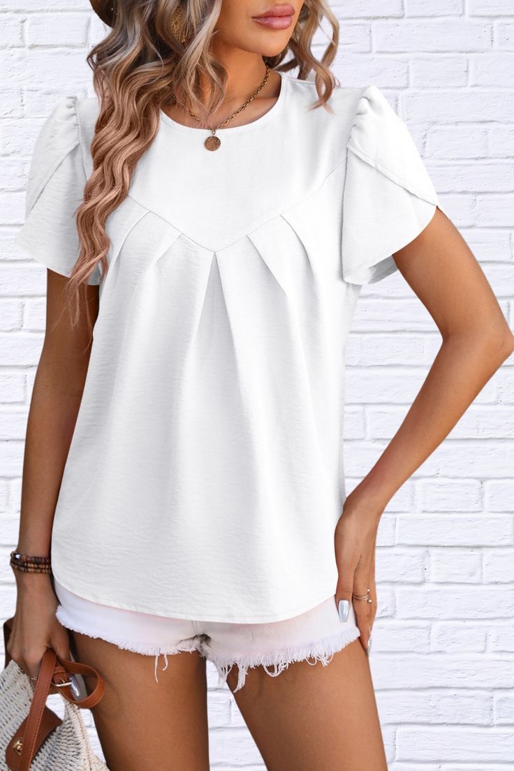 Unleash your style with our Ruched Round Neck Petal Sleeve Blouse! Prepare to turn heads with its elegant ruched detailing and feminine petal sleeves, designed to accentuate your silhouette and exude confidence. The round neck adds a timeless touch, while the premium fabric ensures comfort and durability. Whether you're dressing up for a special occasion or adding flair to your everyday ensemble, this blouse is guaranteed to elevate your look to new heights. Embrace fashion-forward sophisticatio Petal Sleeve Blouse, Petal Sleeves, Smart Casual Wear, Kimono Sweater, Statement Fashion, Exude Confidence, Petal Sleeve, Dress Pant, Unique Outfits