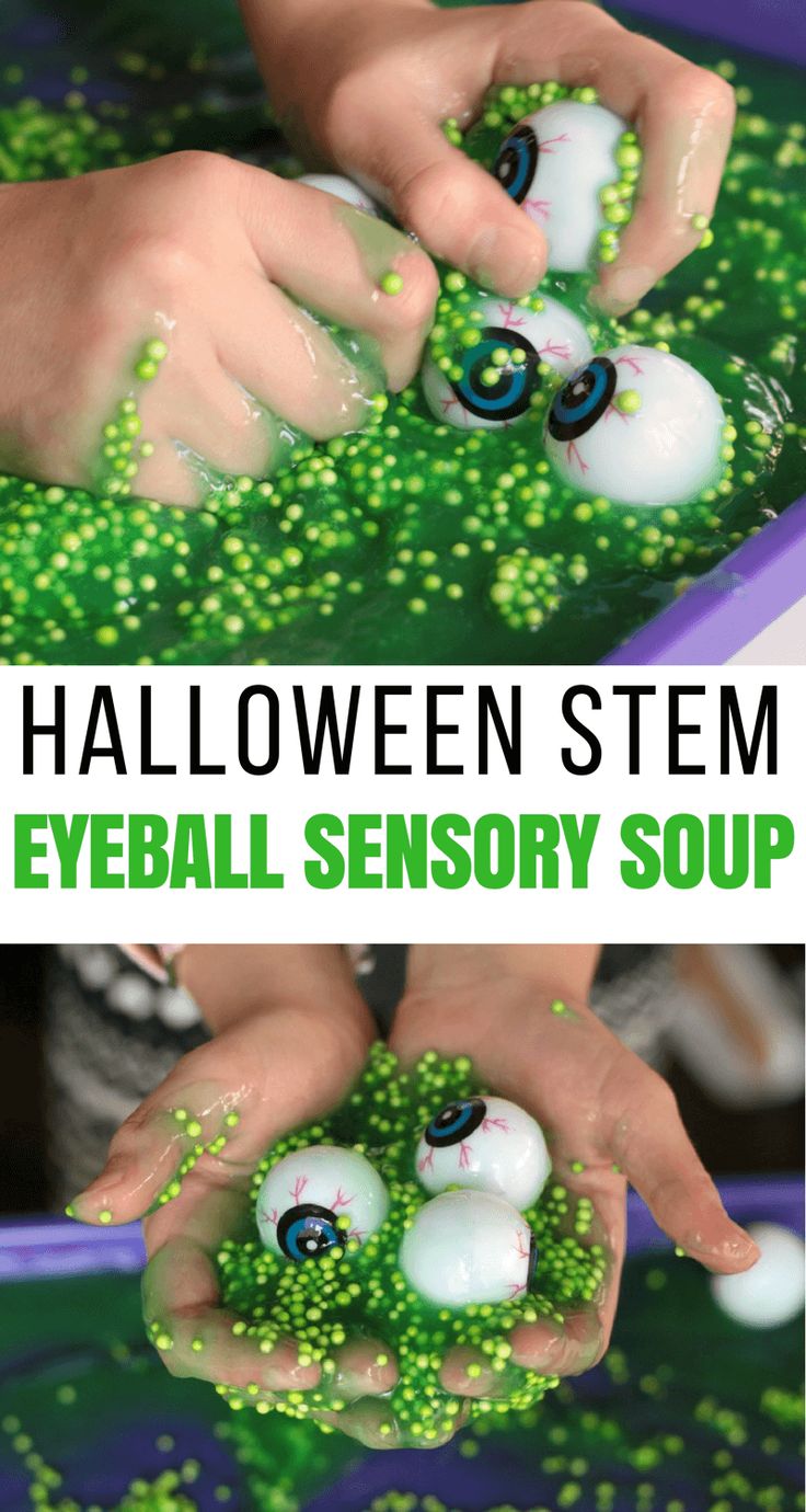 Spooky Sensory Tub Halloween STEM Activity for Kids Eyeball Sensory Bin, Halloween Fun For Kids Activities, Shaving Cream Halloween Activities, Messy Halloween Activities, Eyeball Soup Halloween, Sensory Halloween Boxes, Sensory Activities Toddlers Halloween, Halloween Sensory Activities Toddlers, Dollar Tree Halloween Sensory Bin