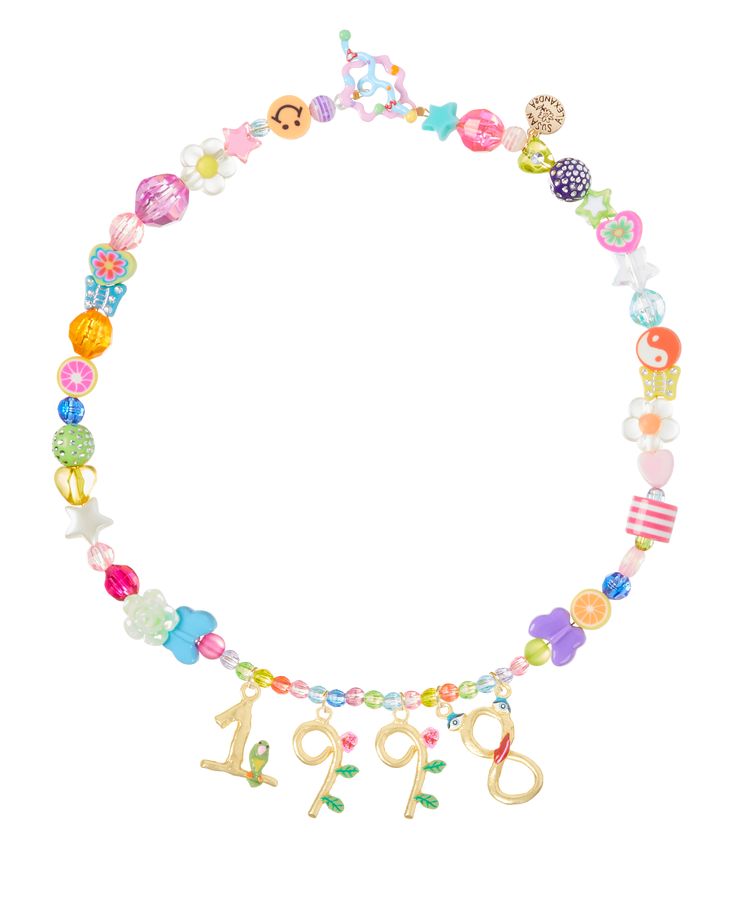 Ok, so this necklace is fun! And weird! Dare we say "kooky?" Each one is comprised of a jumble of beads - fruits, hearts, animals, faceted and miscellaneous. How It Works: Choose what letters, numbers, symbols (or both) you want on your necklace. It could be your initials, name, area code, lucky number, you name it! Then select the number of letters/numbers you want and type them into the textbox below. See letter, number and symbol selections by clicking the right arrow. Hand enameled bronze le Whimsical Charms Necklace For Birthday, Whimsical Charms Necklace For Birthdays, Party Multicolor Charms Necklaces, Multicolor Handmade Charm Necklace For Birthday, Trendy Handmade Birthday Necklaces, Fun Handmade Charm Necklaces For Birthdays, Playful Handmade Charm Necklace For Birthday, Playful Handmade Charm Necklaces For Birthday, Playful Colorful Beads Necklace For Birthday