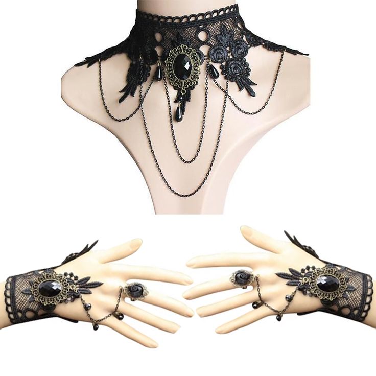 Embrace dark elegance with the Gothic Lace Bracelet Ring & Choker Jewelry Set. The highlight of this set is the stunning lace bracelet, adorned with intricate black lace and a vintage-inspired black gemstone centerpiece. The bracelet comes with a delicate black rose ring attached by a draping chain, adding a bewitching flair to your wrist. Wear it alone for a subtle statement or as a matching pair for an unforgettable look. Complete your gothic ensemble with the exquisite choker, featuring matching lace and a bold black gemstone, as well as the beautifully crafted earrings for a cohesive and dramatic finish. Unleash your inner gothic queen and elevate your style with this enchanting jewelry set. Perfect for Halloween, gothic events, or whenever you want to turn heads! Materials: Lace, Zinc