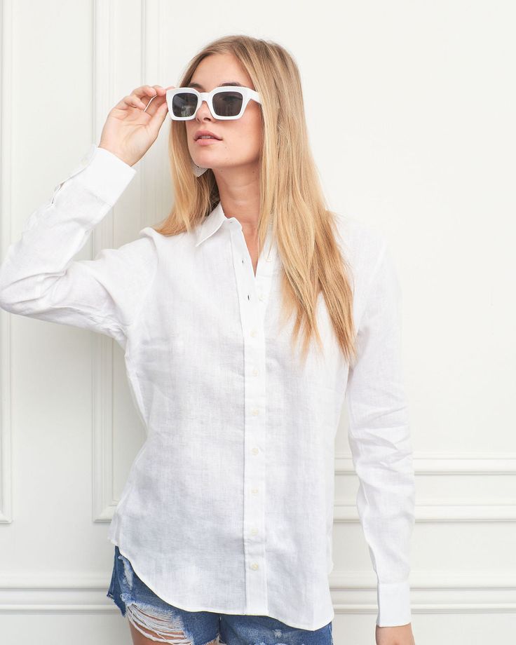 Our loose and relaxed summer staple, The Washed Linen Shirt. Wear with the sleeves pushed up and slouchy for a cool girl fit. The Shirt reimagined for the perfect fit – powered by No Gape® button technology. Bye bye blouse gape, Hello The Shirt. 100% Linen Made in Portugal Powered by our patented No Gape® button technology. Stella Dress, Say Bye, Girl Fits, White Shirt Dress, Summer Staples, Black Shirt Dress, The Shirt, Shirtdress, Bye Bye