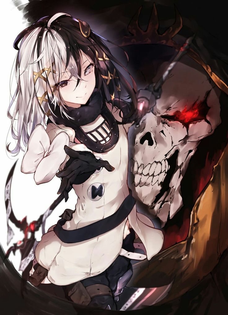 an anime character with white hair and black eyes holding a knife next to a skull