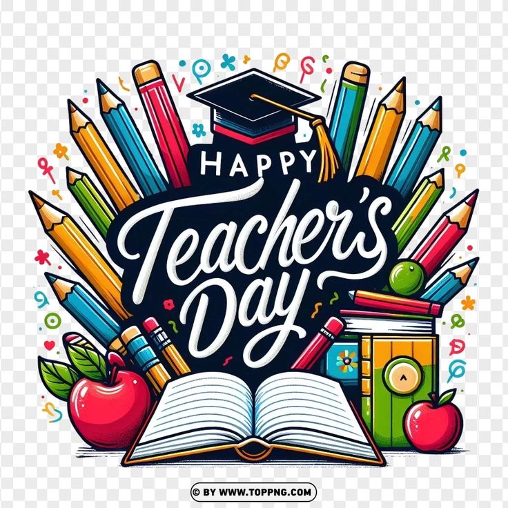 happy teacher's day with books, pencils and an apple on the table