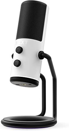 a white and black microphone on top of a metal stand with one arm extended to the other