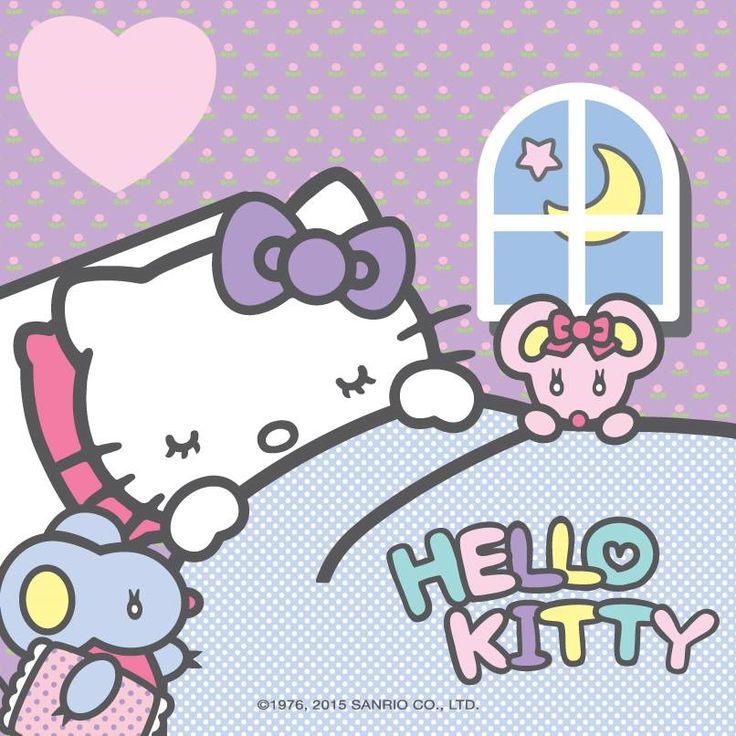 an image of hello kitty sleeping in bed with her stuffed animal friend on the pillow