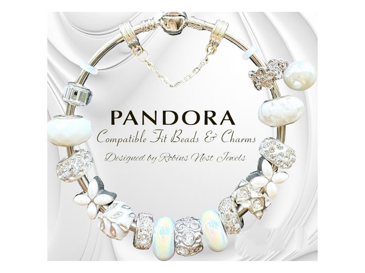 Pandora Bracelet-Compatible Charms, or CHOOSE, with Bracelet  Authentic Pandora Sterling Silver or Non Pandora, Silver Plated bracelet. Designed exclusively by Robins Nest Jewels.  Choose Charms and Beads on a ribbon or purchase with an Authentic Pandora Bracelet, or Silver Plated European (NOT PANDORA)Bracelet.  Not Pandora bracelet is similar in look fit and style but less expensive. Charms and beads are not Pandora and are non Branded. If you select with bracelet it will be enhanced with the exclusive mix of all the beautiful Beads and charms as shown. Also included free with all bracelets, silicone locker bead and safety chain or extension chain, at no extra charge. Charms and Beads are not Pandora but compatible in fit. EMAIL US IF YOU CANT FIND THE RIGHT SIZE - We Will Special Order White Charms Bracelet For Anniversary, White Charms Bracelets For Anniversary, Bracelets Pandora, Robins Nest, Pandora Bracelet Designs, Pandora Bracelet Silver, Pandora Armband, Preppy Jewelry, Charms Pandora