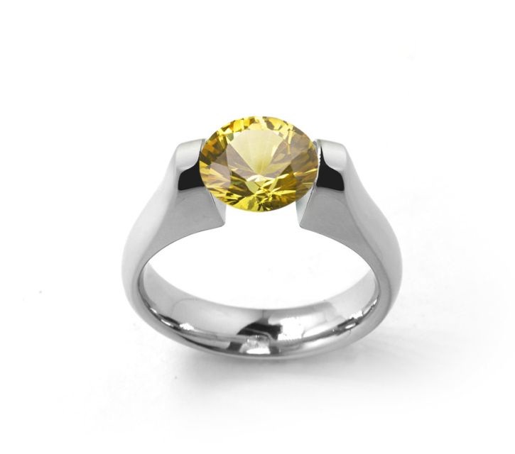 Yellow Sapphire High Setting Tension Set Ring in Stainless Steel | Taormina Jewelry Yellow Sapphire Engagement Ring, Dome Wedding Band, Yellow Sapphire Ring Engagement, Dome Wedding, Minimal Beauty, Tension Ring, Yellow Sapphire Rings, Tension Setting, Sapphire Engagement Ring