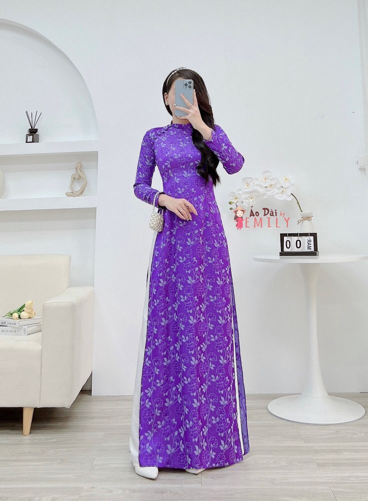 🌸 Material: Lụa gấm Stretchy level: 3/10 🌸 The measurement of this ao dai is in Vietnamese size. American size tends to be bigger for the same size. Please look at the SIZE CHART CAREFULLY before ORDERING. There might have some chalk writings on the fabric, these marks can be washed away. 🌸 No returns or exchanges. Buyer can contact seller about any issues with an order. 🌸 Follow us Facebook/aodaiemily www.aodaiemily.com 💜 Thank you very much💜 Long Fitted Purple Dress, Full Length Purple Spring Dresses, Fitted Long Purple Maxi Dress, Traditional Long Purple Maxi Dress, Purple Full-length Dresses For Spring, Traditional Purple Long Sleeve Maxi Dress, Traditional Long Sleeve Purple Maxi Dress, Elegant Fitted Purple Ao Dai, Purple Long Sleeve Ao Dai For Spring