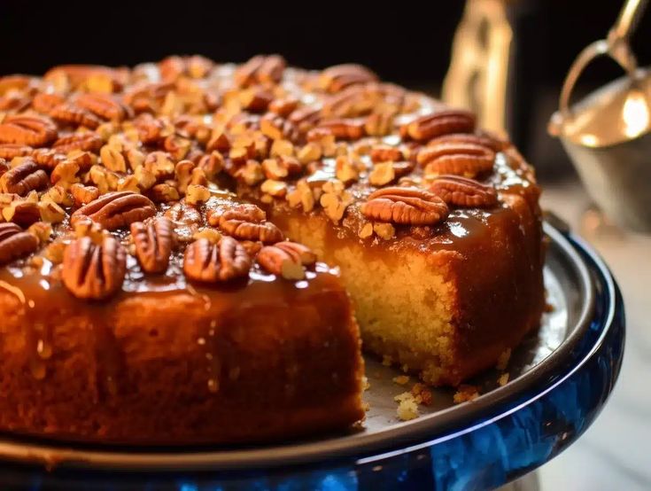 a bundt cake with pecans on top is sitting on a blue platter