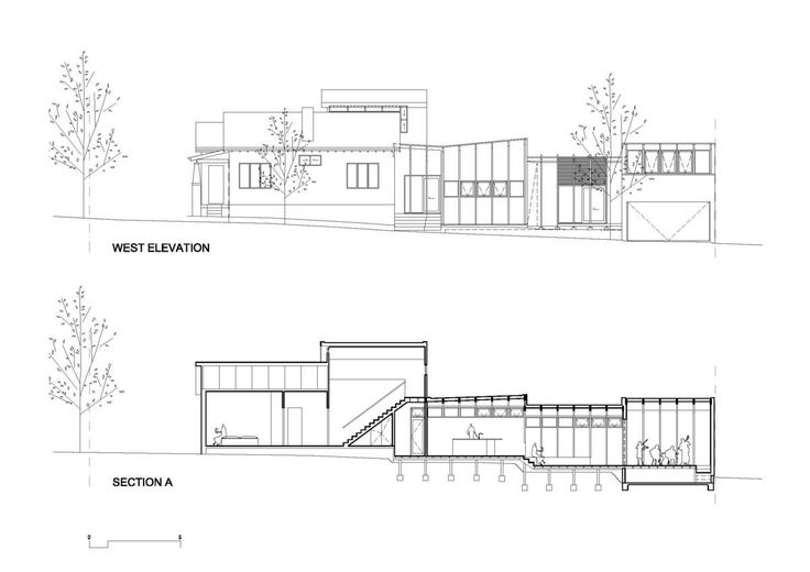 two drawings showing the different sections of a house and an area with trees in it