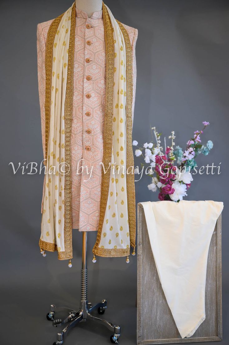 Pristine Peach Silk Thread Embroidered Sherwani Set White Thread Embroidery, Embroidered Sherwani, Thread Embroidery, Pastel Shades, Fancy Sarees, White Silk, Silk Thread, Indian Bride, Floral Designs