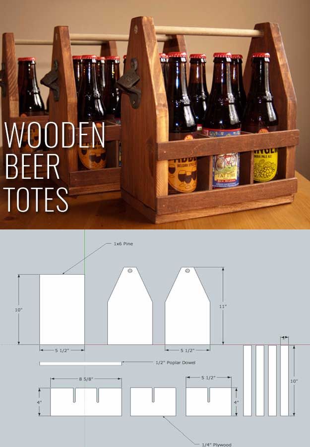 the wooden beer totes are made out of wood and have different types of bottles in them