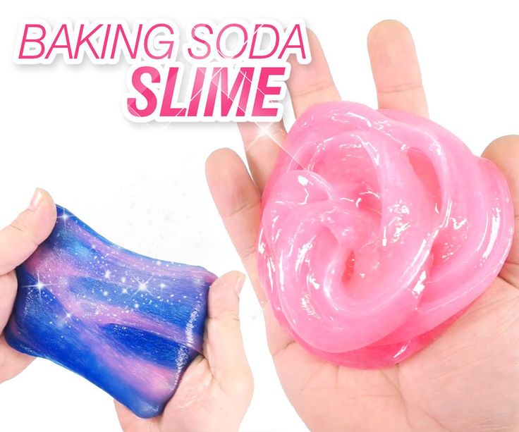 two hands holding small soaps with the words baking soda slime