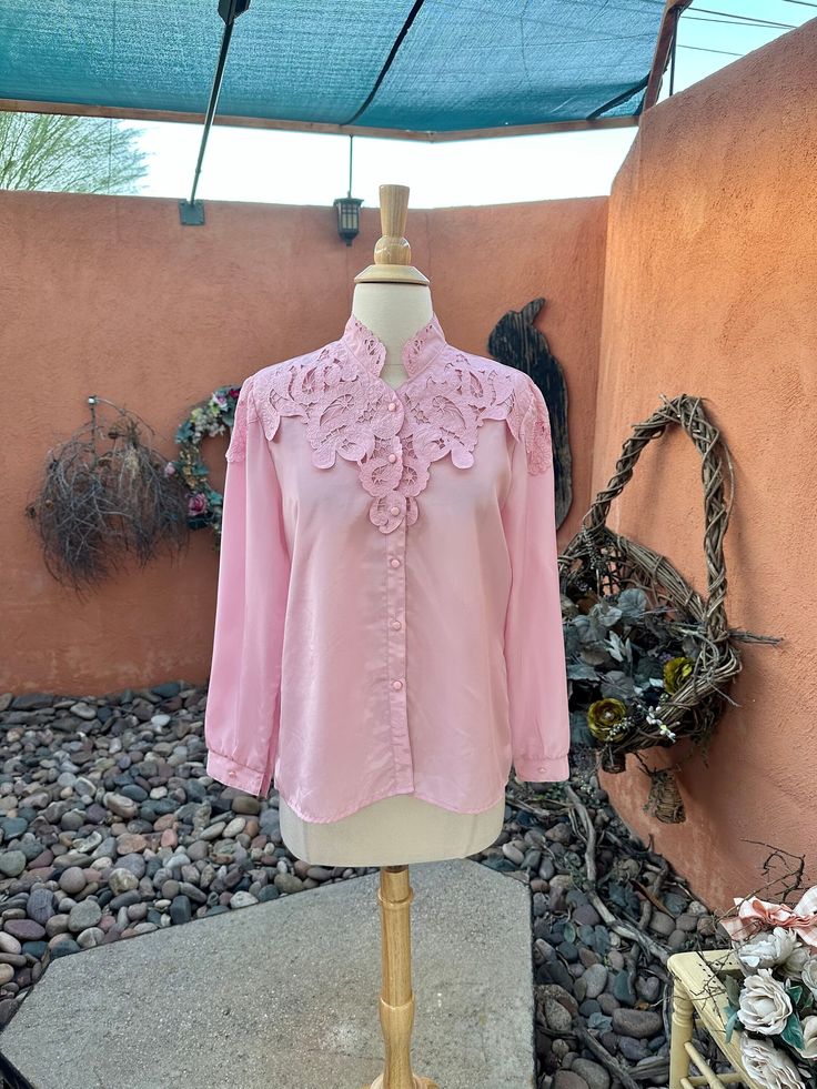 Elegant Pink Lace Top Blouse, Pink Long Sleeve Blouse With Lace Collar, Pink Fitted Lace Blouse, Pink Long Sleeve Lace Top Blouse, Pink Lace Fitted Blouse, Fitted Lace Pink Blouse, Elegant Pink Lace Blouse, Pink Feminine Tops With Lace Sleeves, Pink Feminine Top With Lace Sleeves