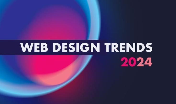 the words web design trends are displayed in front of a blue and pink circular background