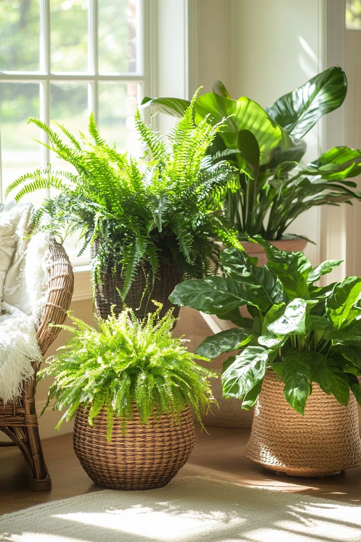 three potted plants sitting on top of a wooden table next to a white chair