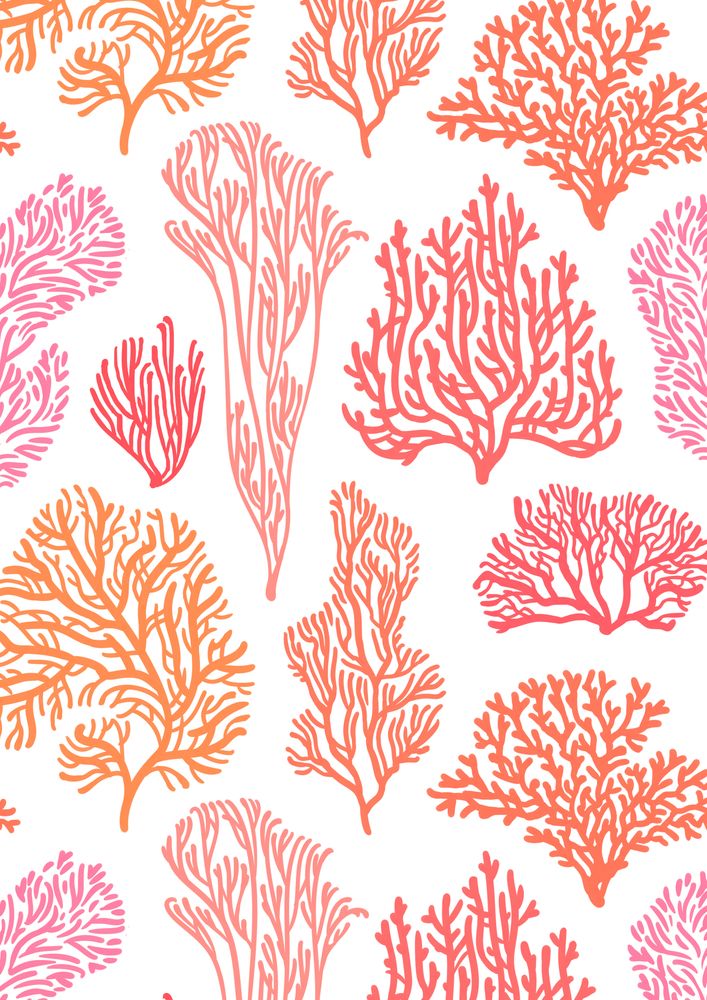 an orange and pink sea coral pattern on white fabric, with different colors in the background