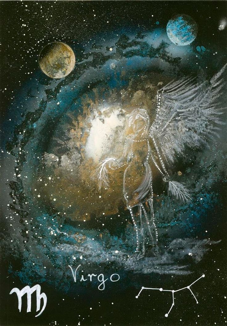 the zodiac sign virgo with an angel on it's back and two planets in the background