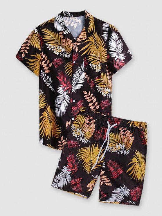 Lapel Shirt And Drawstring Shorts - Grafton Collection Short Vacation, Deep Yellow, Tropical Leaf Print, Matching Swimwear, Set Style, Tropical Leaf, Latest Mens Fashion, Anime Hoodie, Vacation Shirts