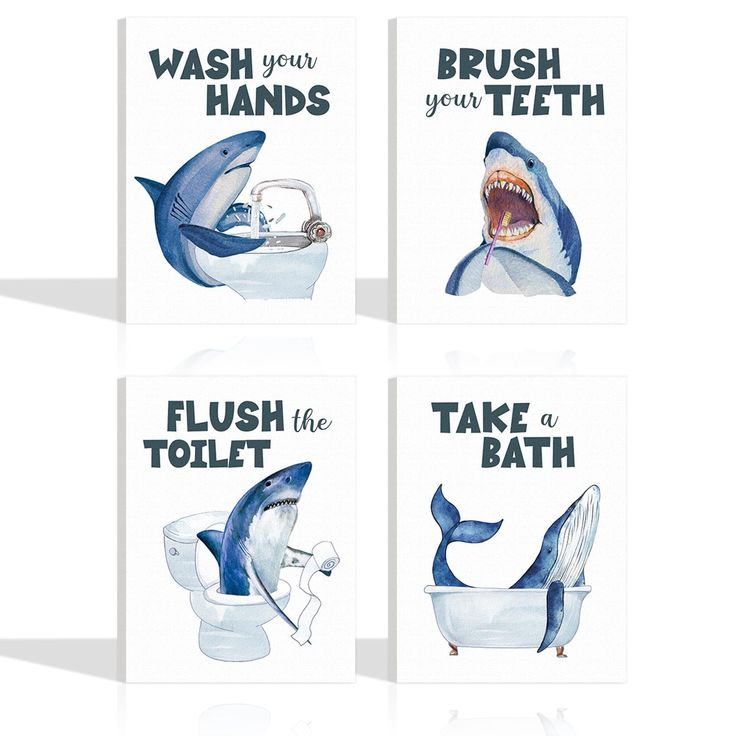 four cards with shark illustrations on them, each one has a toothbrush in its mouth and the other says brush your teeth