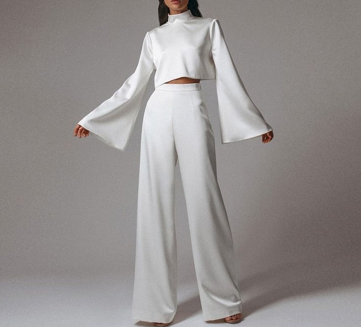 Kukombo White Satin Women Pants Set Autumn Flare Sleeve Backless Blous Simple Streetwear, Style Wide Leg Pants, Chic Outerwear, Casual Chique, Backless Blouse, Flare Long Sleeve, Wide Trousers, Two Piece Pants Set, Women Pants