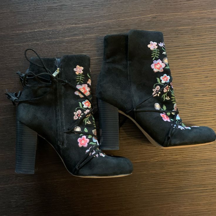 These Were A Limited Edition For Anthropologie Black Suede With Colorful Floral Embroidery Zipper Closure With Wrap Around Suede Tassel Block Wooden . New Without Box Worn Only To Try On Around The House.. Stunning With Jeans, Leggings , Or Dressed Up! Spring Floral Embroidered Closed Toe Boots, Spring Floral Embroidery Closed Toe Boots, Casual Boots With Floral Embroidery And Round Toe, Black Embroidered Boots With Round Toe, Black Heels With Floral Embroidery And Round Toe, Black Embroidered Heels For Spring, Casual Embroidered Heels For Spring, Black Embroidered Block Heel Heels, Black Boots With Floral Embroidery For Fall