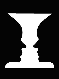 the silhouettes of two people facing each other in front of a black and white background