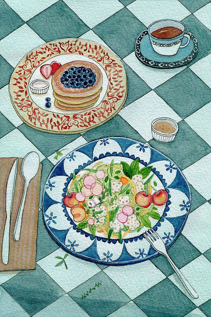 a painting of food on a table with utensils and coffee cup next to it