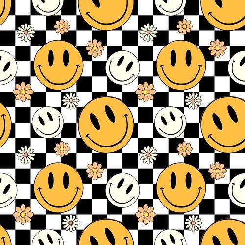 a checkered background with smiley faces and flowers