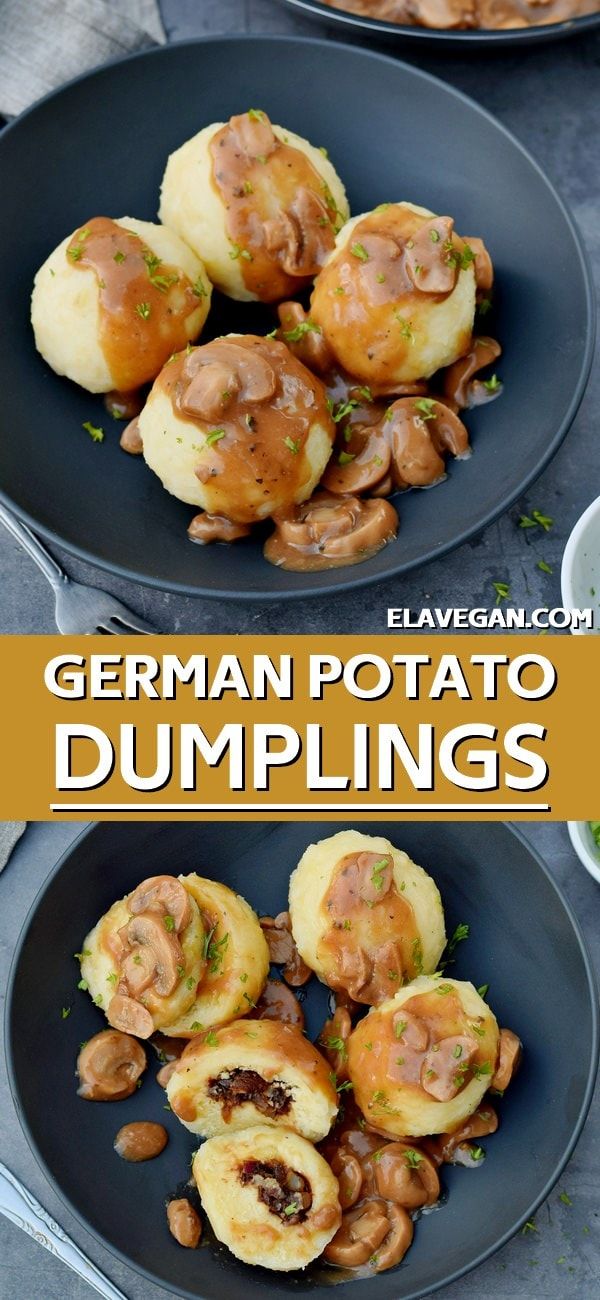 two plates filled with different types of food on top of each other and the words german potato dumplings above them