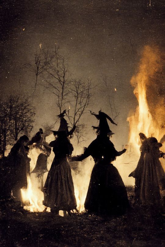 several witches dancing around a fire in the woods at night with their heads turned to look like they are holding hands