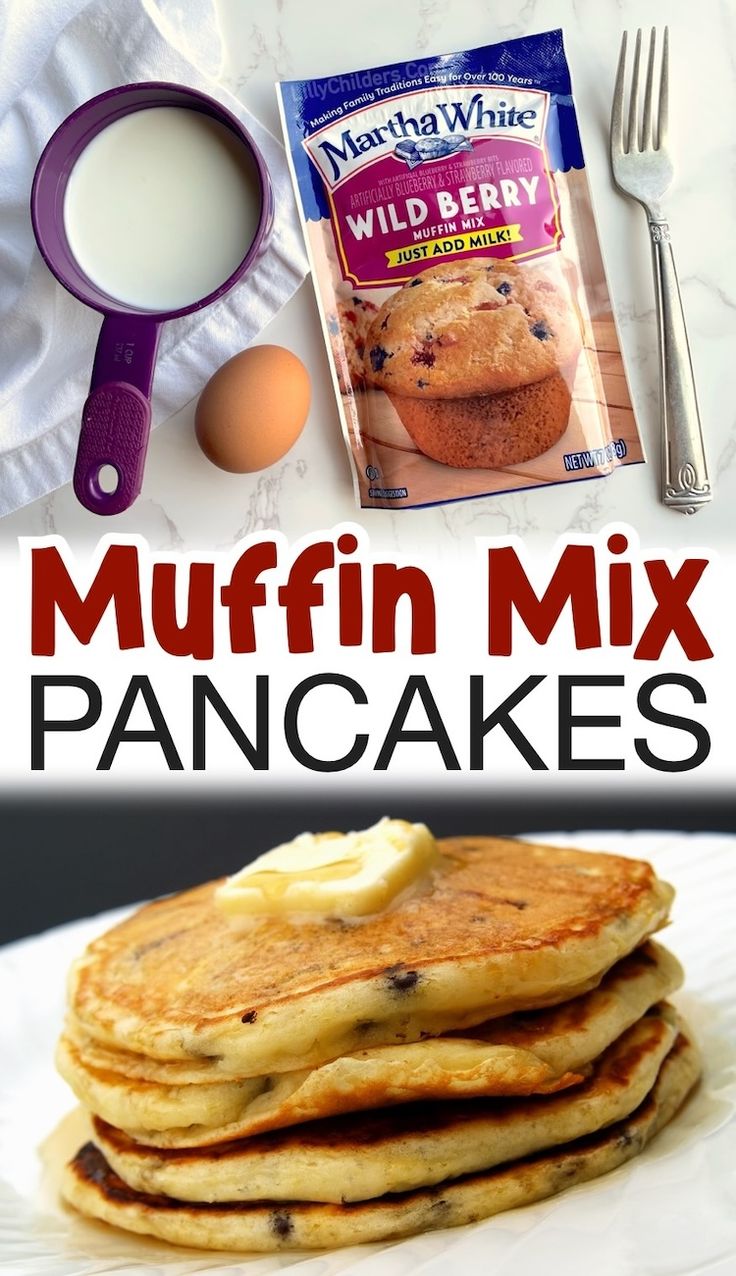 muffin mix pancakes on a white plate with blueberries and eggs in the background