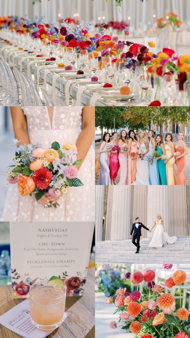 a collage of photos with flowers and drinks on it, including an orange flower bouquet