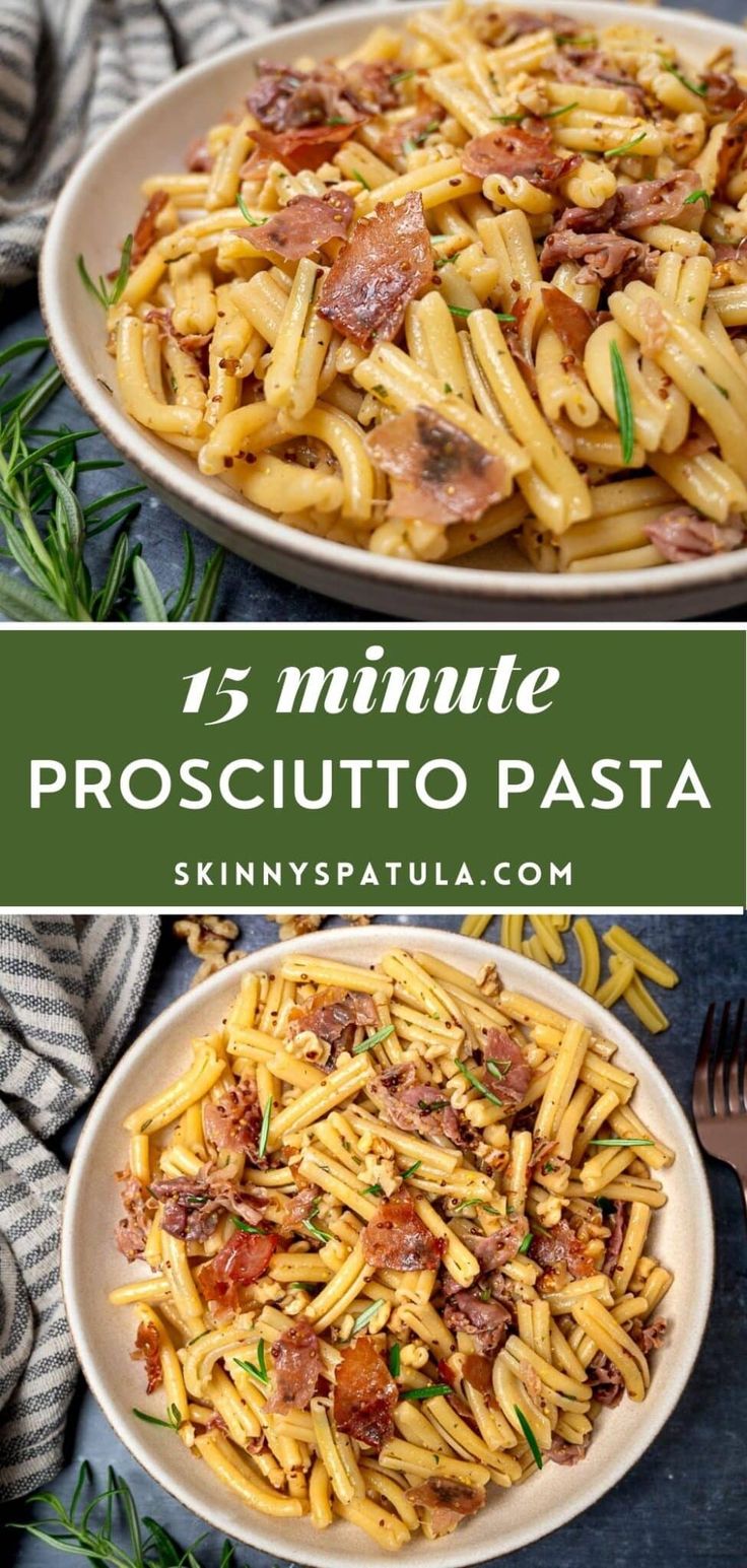 two plates filled with pasta and meat on top of a table next to a fork