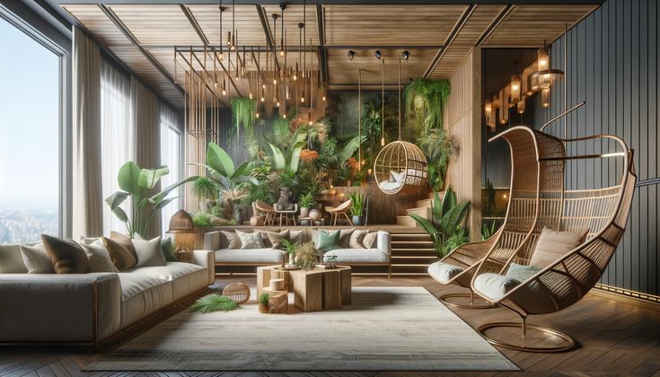 a living room filled with furniture and lots of plants