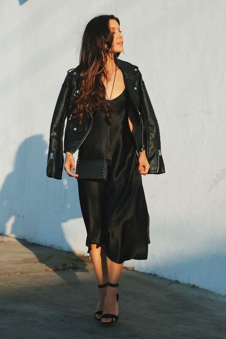 Slip Dress Outfit Night, Black Slip Dress Outfit, How To Style A Slip Dress, Silk Dresses Outfit, Andee Layne, Slip Dress Outfit, Leather Jacket Dress, Dress Leather, Black Slip Dress