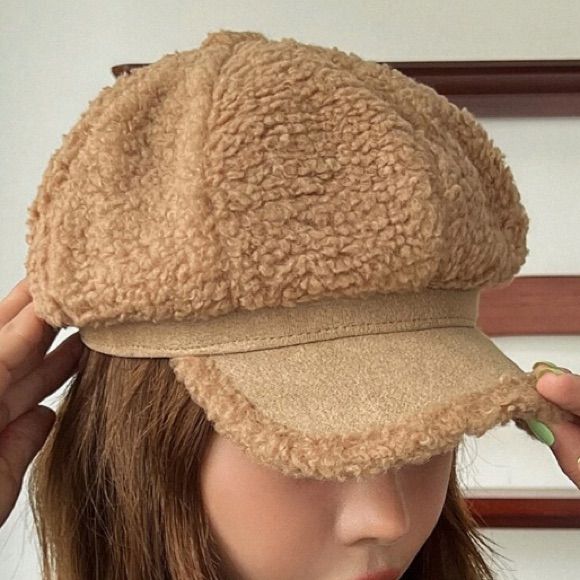 Fuzzy Baker Boy Hat * Light Brown/ Tan * Polyester * One-Size 22.8 Inch Crown Casual Brown Brimmed Beret, Trendy Brown Hat One Size, Trendy Brown Hats One Size, Trendy Brown Winter Beret, Trendy Brown One-size Hats, Trendy Beige Flat Cap, Casual Beige Beret, Beige Visor Hat For Fall, Beige Visor Hat For Winter