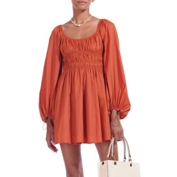 Gorgeous Staud A-Line Dress In A Beautiful Burnt Orange Rust Color. This Dress Is A Ton Of Fun And Can Be Dressed Up + Down. Worn Twice And In Fabulous Condition! Fitted Dress With Elastic Sleeves For Vacation, Vacation Dress With Elastic Sleeves, Chic Mini Dress With Smocked Back And Balloon Sleeves, Chic Mini Dress With Smocked Bodice And Balloon Sleeves, Casual Dress With Pleated Bishop Sleeves, Casual Dress With Bishop Pleated Sleeves, Casual Dress With Bishop Sleeves And Pleated Details, Bishop Sleeve Mini Dress For Summer Daywear, Chic Mini Dress With Lantern Sleeves For Daywear