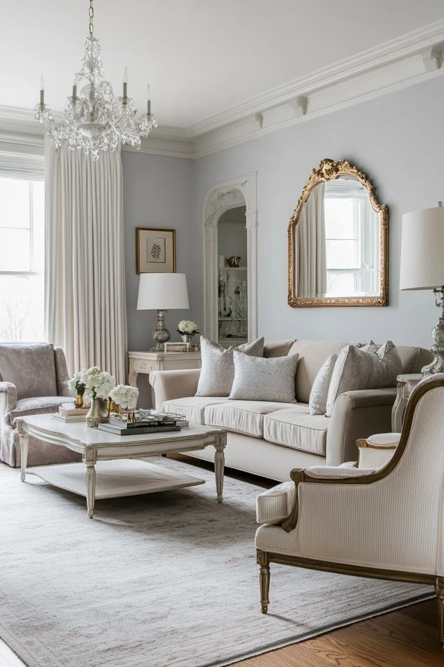 a living room filled with furniture and a chandelier